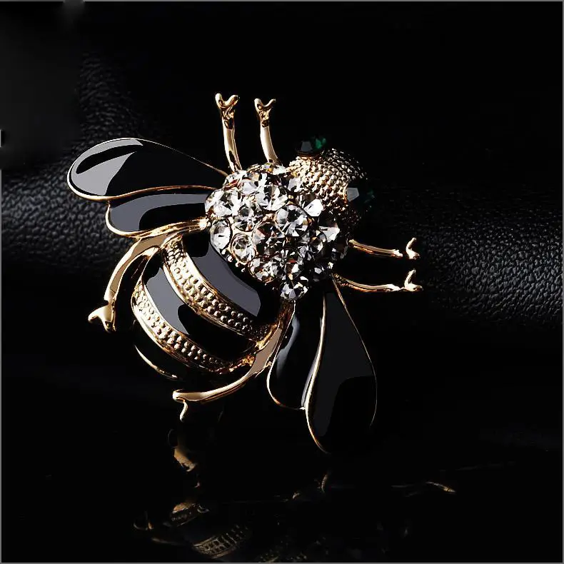 Bee Shaped Brooch with Crystal Head & Black Wings