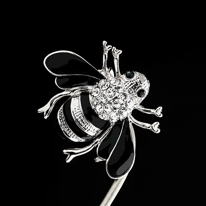 Bee Shaped Brooch with Crystal Head & Black Wings
