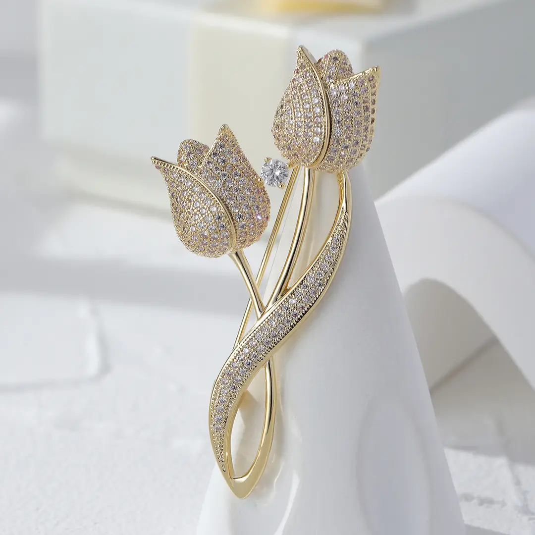 Tulip Brooch with Sparkling Stones Silver Tone