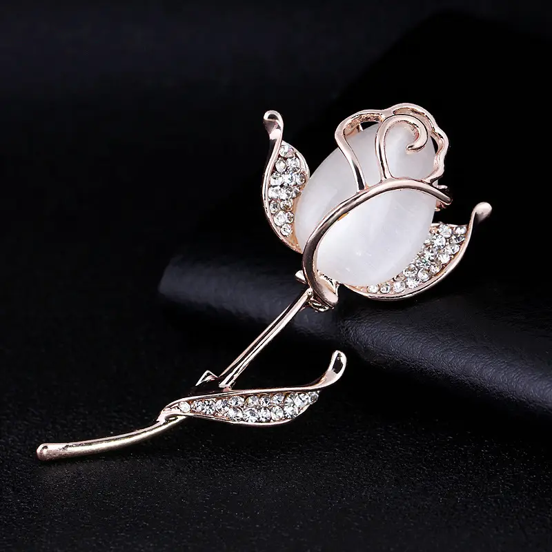 Rose Brooch with Cat's Eye Rhinestone Silver