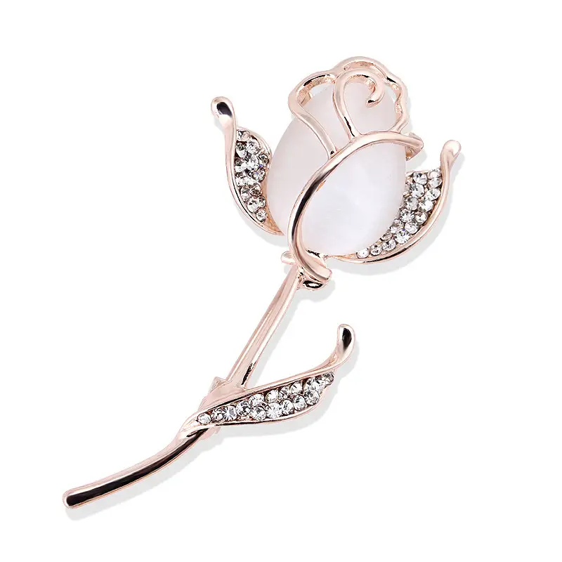 Rose Brooch with Cat's Eye Rhinestone Silver
