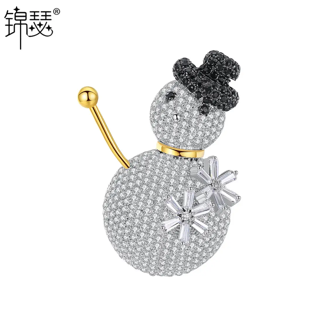 Snowman Brooch with Zircon Hat Gold Accents