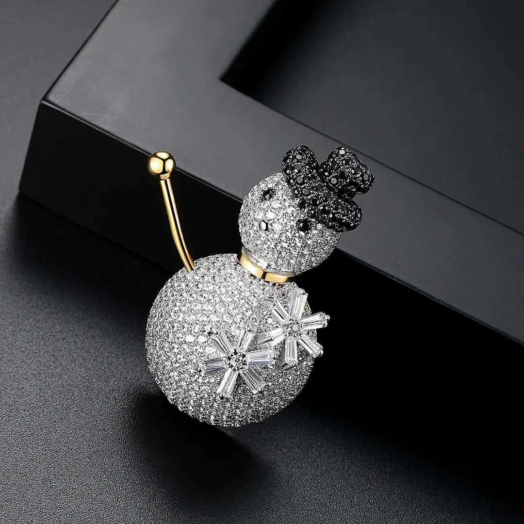 Snowman Brooch with Zircon Hat Gold Accents