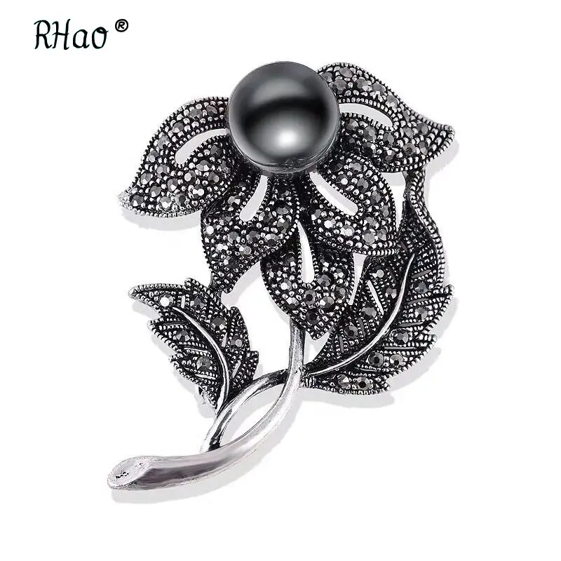 Black Rhino Pearl Brooch for Women Office Evening Festive