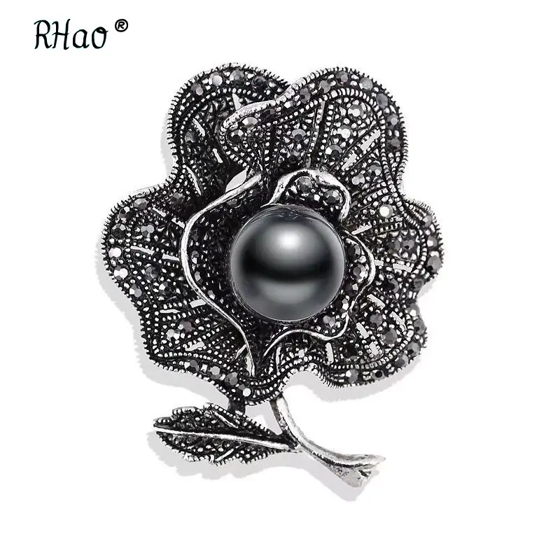 Black Rhino Pearl Brooch for Women Office Evening Festive