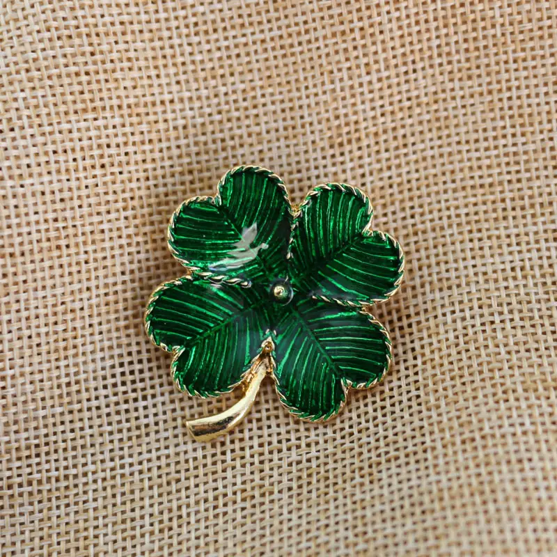 Green Enamel Clover Brooch for Women
