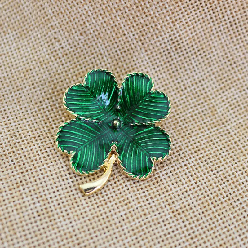 Green Enamel Clover Brooch for Women