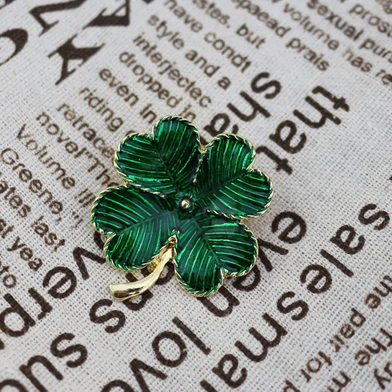 Green Enamel Clover Brooch for Women