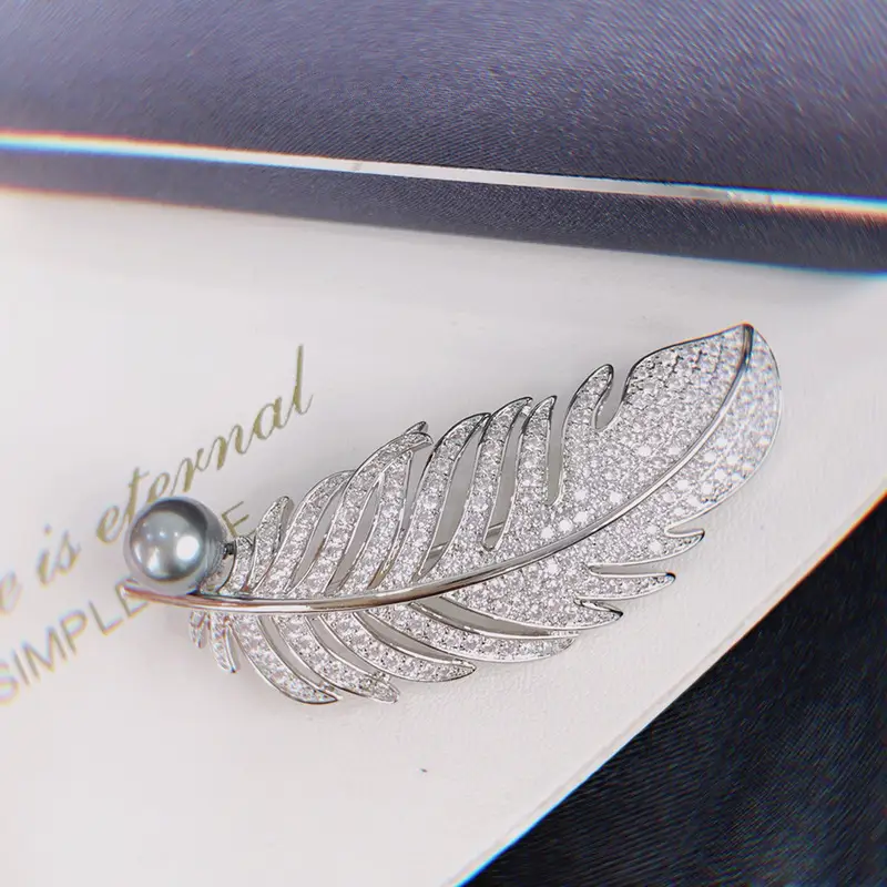 Feather Brooch Gold Crystal Pearl Wedding Office Wear