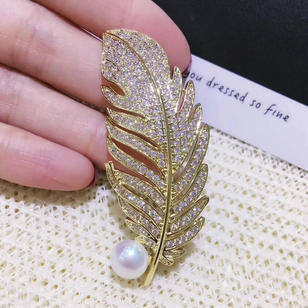 Feather Brooch Gold Crystal Pearl Wedding Office Wear