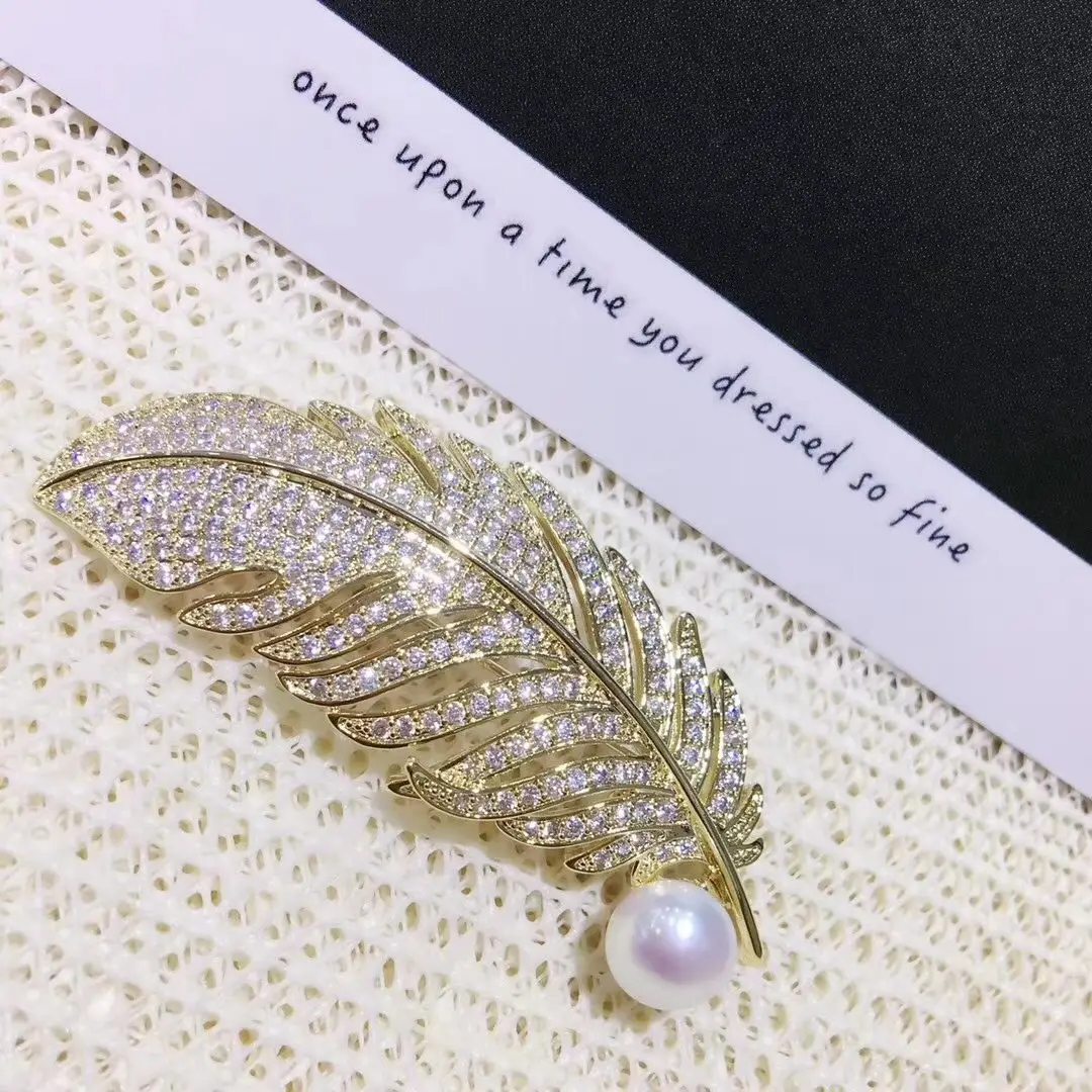 Feather Brooch Gold Crystal Pearl Wedding Office Wear