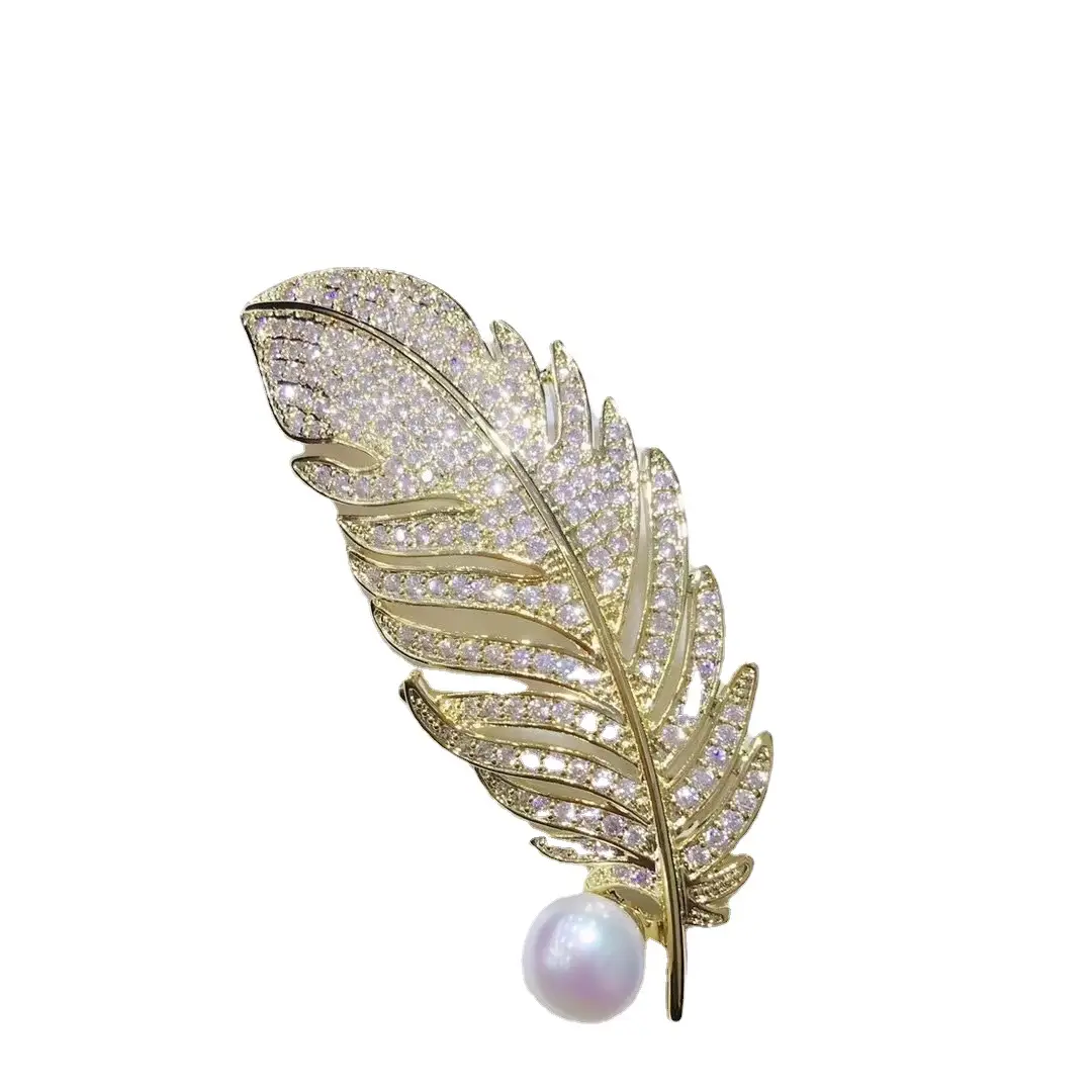 Feather Brooch Gold Crystal Pearl Wedding Office Wear