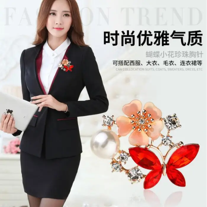 Butterfly Brooch with Pearl & Red Crystal Wings