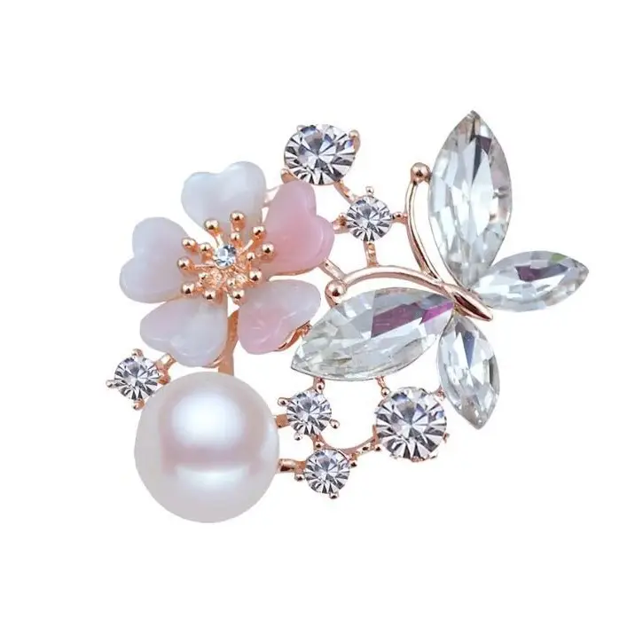 Butterfly Brooch with Pearl & Red Crystal Wings