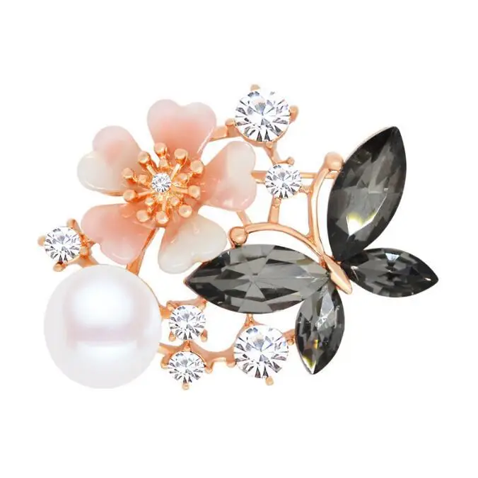Butterfly Brooch with Pearl & Red Crystal Wings