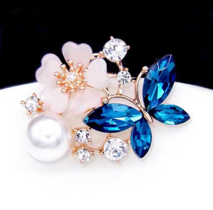 Butterfly Brooch with Pearl & Red Crystal Wings