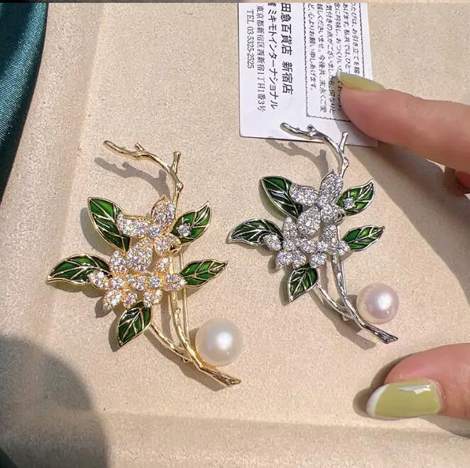 Green Leaf Pearl Brooch for Women Wedding Office