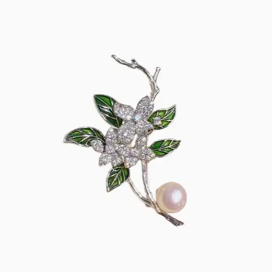 Green Leaf Pearl Brooch for Women Wedding Office