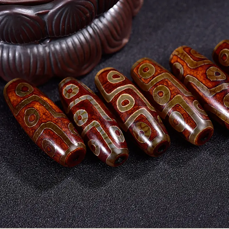 Tibetan Agate Nine-Eyed Dzi Beads Red Gold