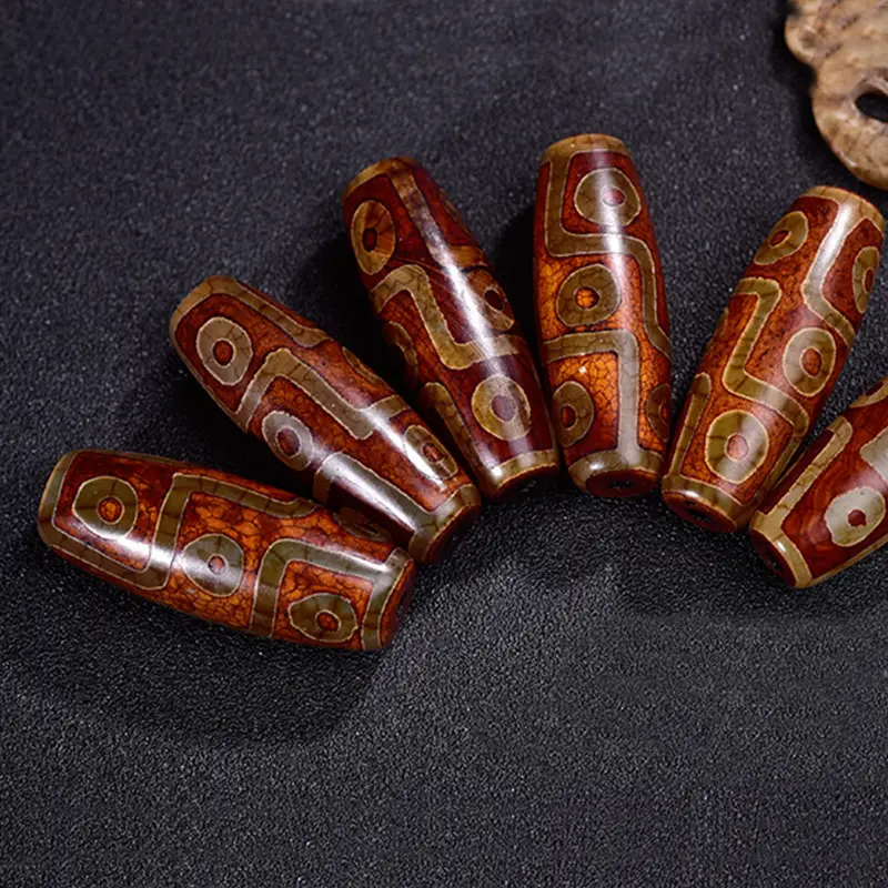 Tibetan Agate Nine-Eyed Dzi Beads Red Gold