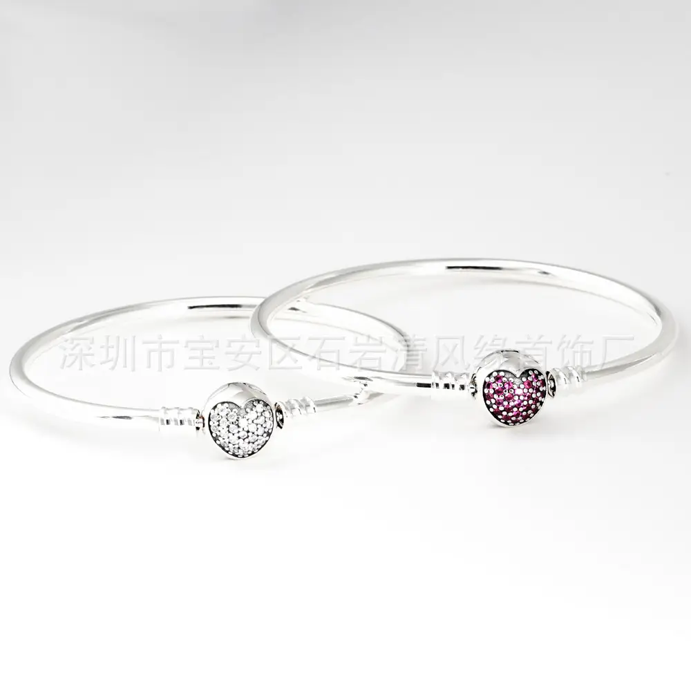 Heart Shaped Silver Bangle Bracelets with Pink Stones