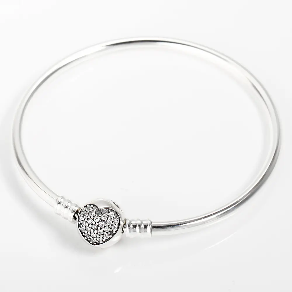 Heart Shaped Silver Bangle Bracelets with Pink Stones