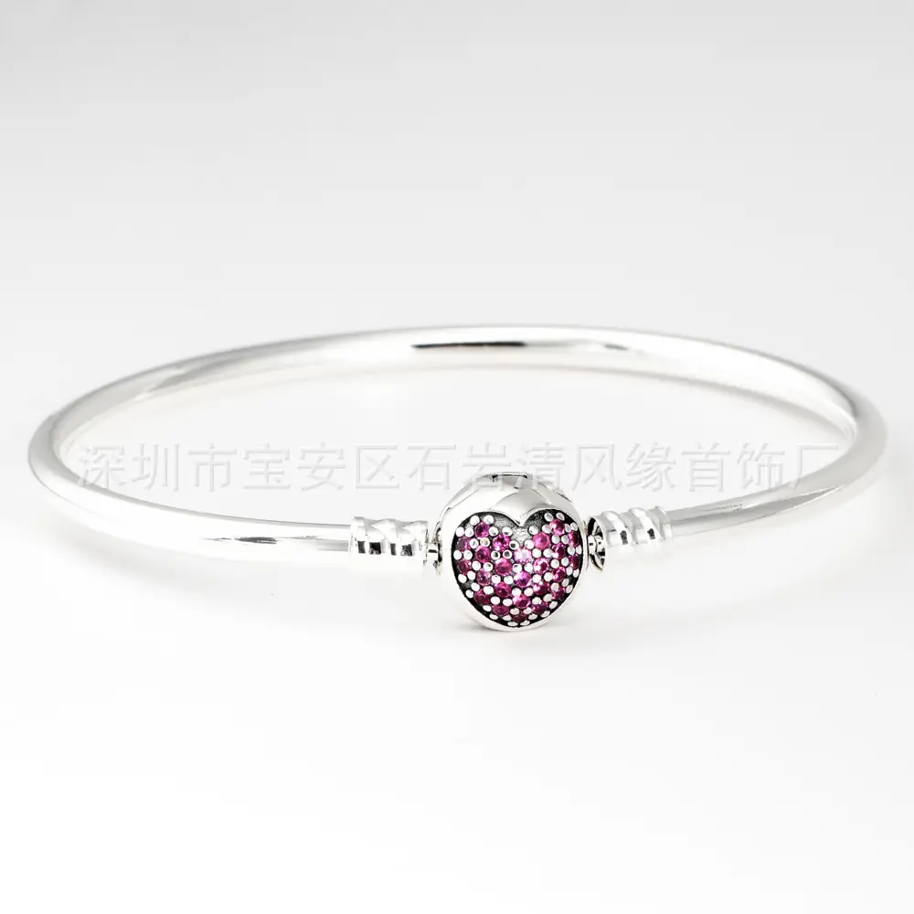 Heart Shaped Silver Bangle Bracelets with Pink Stones