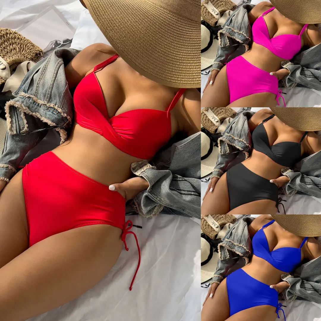 Women's Solid Color Push Up Bikini Set Red Blue Black High Waisted