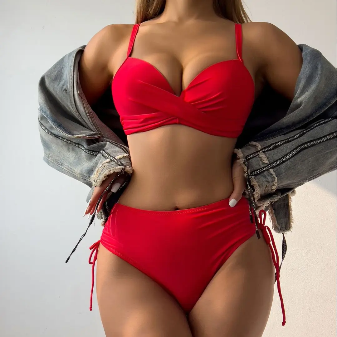 Women's Solid Color Push Up Bikini Set Red Blue Black High Waisted