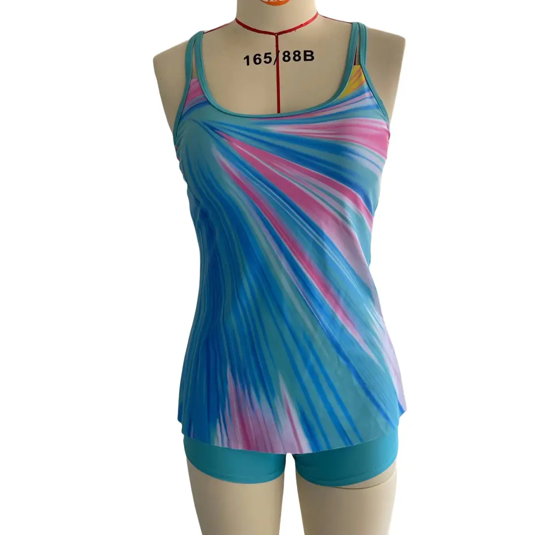 Women's Quick-Dry Tankini Top & Boyshorts Cyan Blue Summer Swimwear