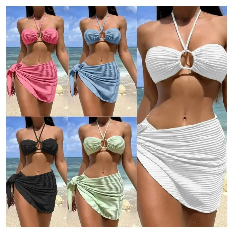 Women's Pleated 3-Piece Bikini Set with Tie Waist and Front Cutout