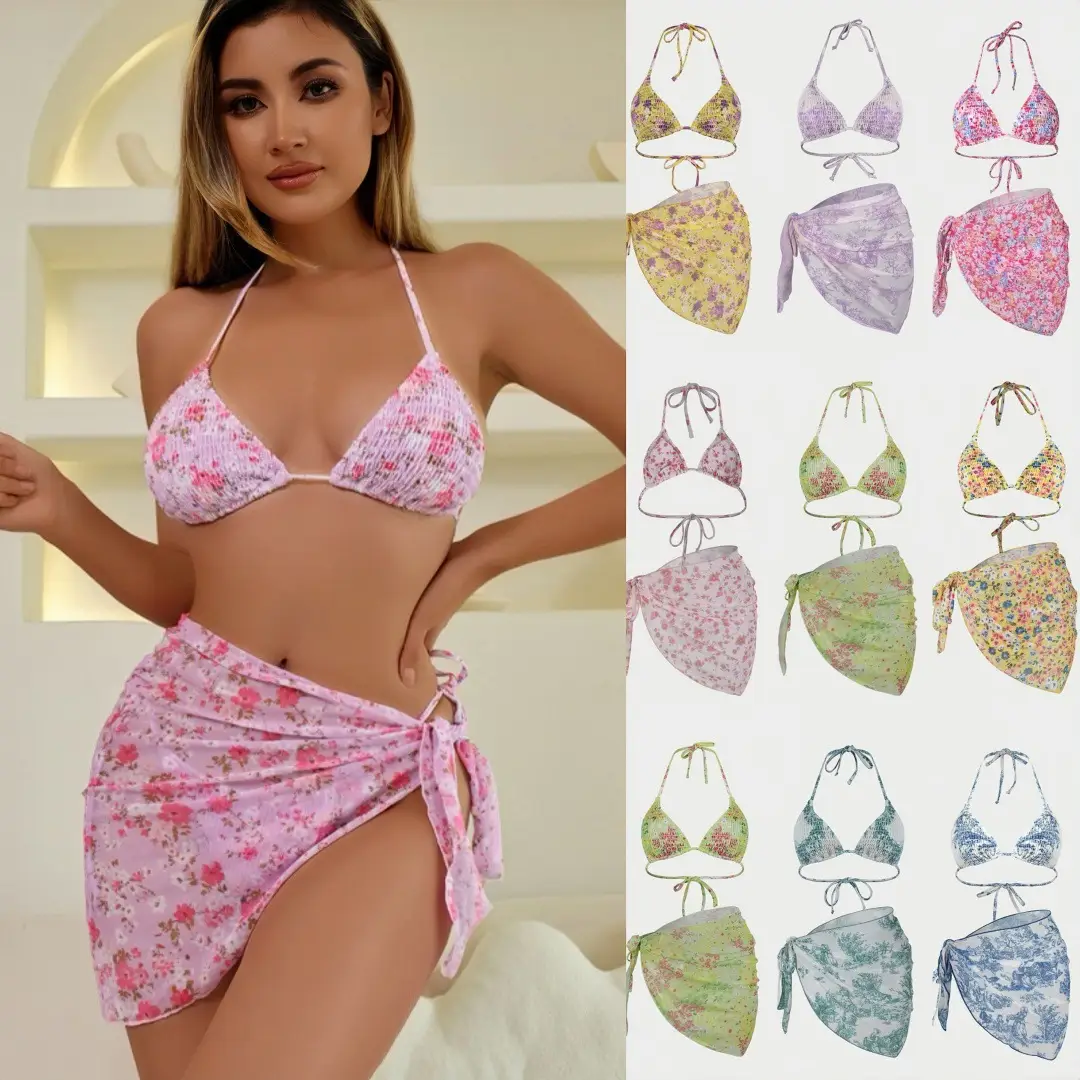 Women Floral Bikini Set with Gauze Skirt Split Holiday Swimsuit
