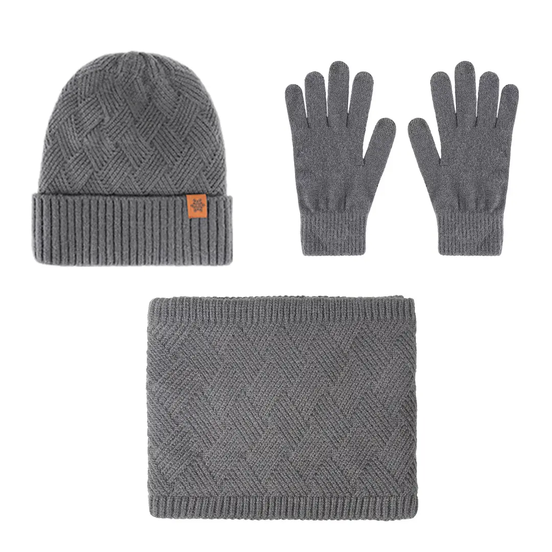 Winter 3-Piece Set Gray Knitted Hat Scarf Gloves