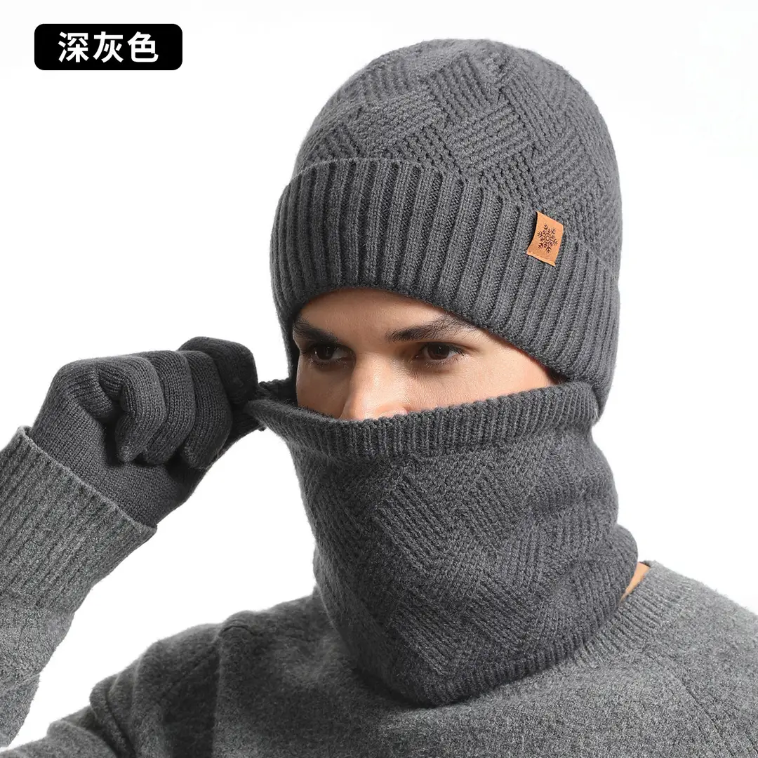 Winter 3-Piece Set Gray Knitted Hat Scarf Gloves