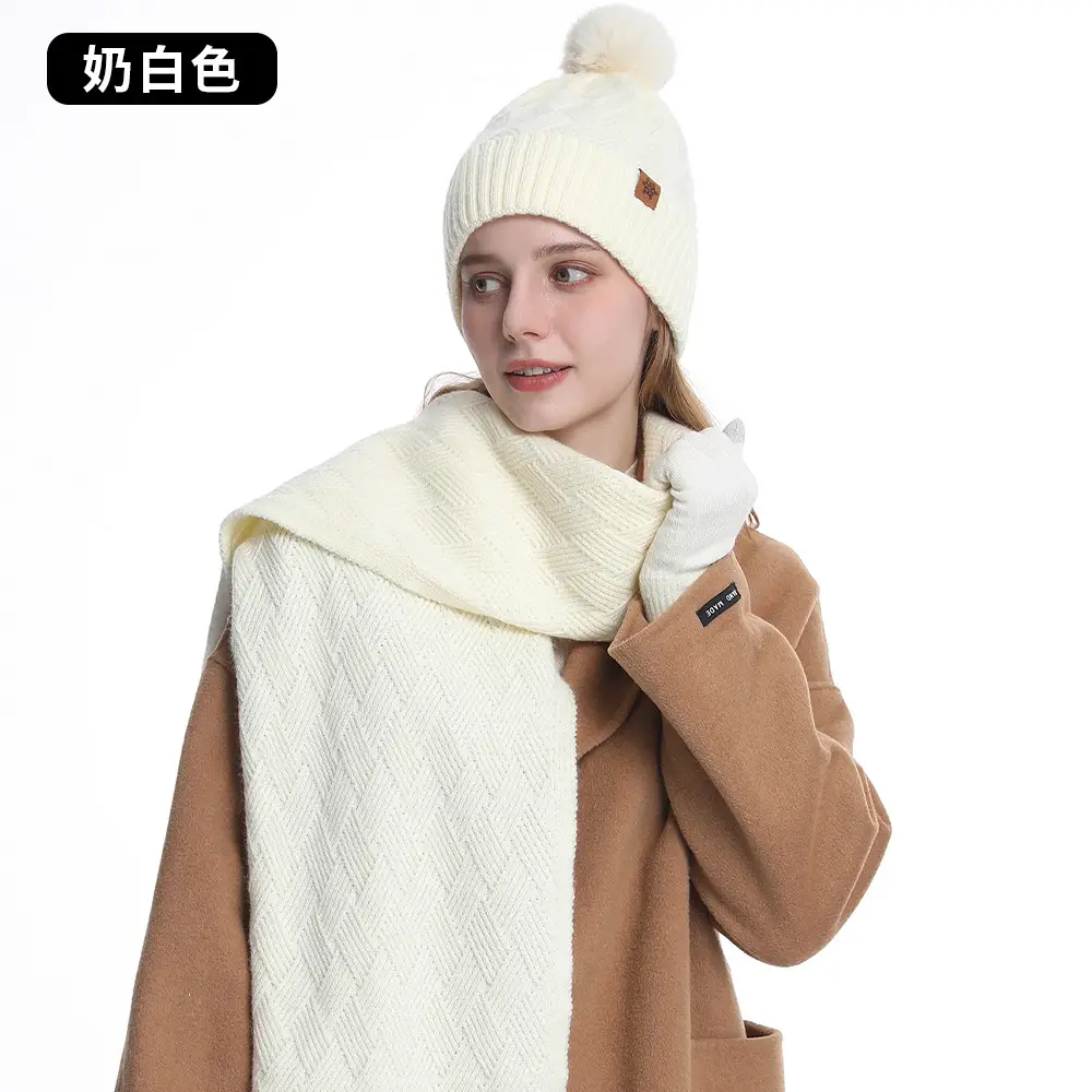 Women Winter 3-Piece Fleece Set Herringbone Pom Pom Gloves