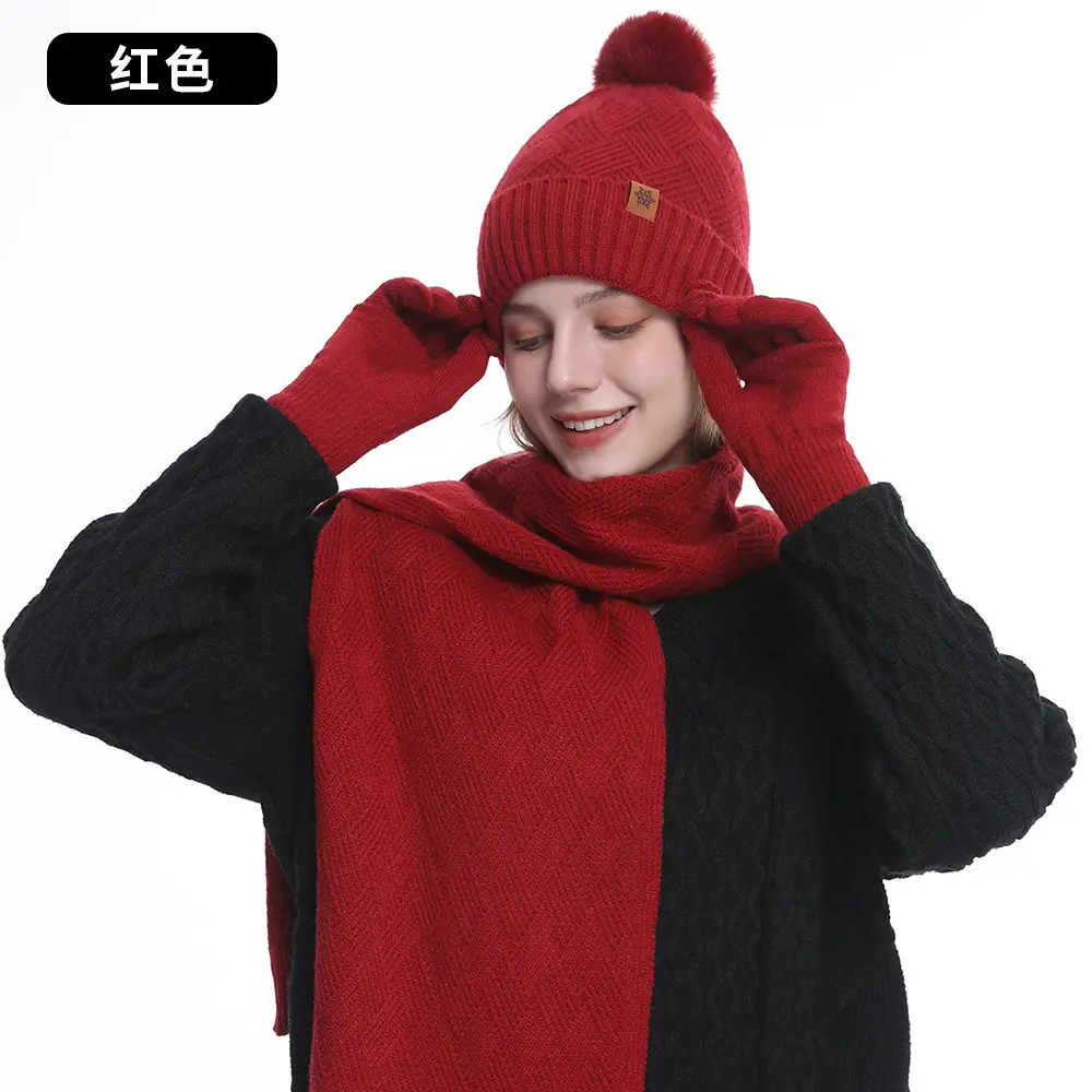 Women Winter 3-Piece Fleece Set Herringbone Pom Pom Gloves