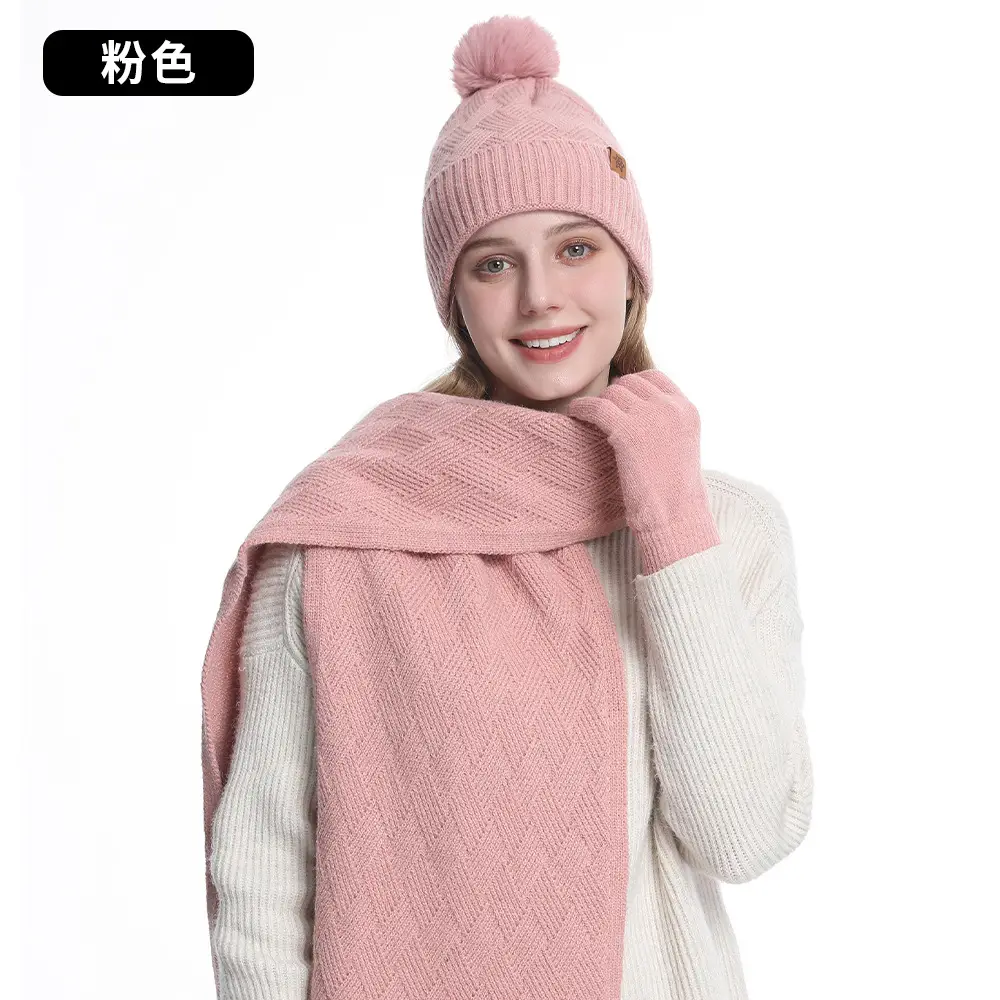Women Winter 3-Piece Fleece Set Herringbone Pom Pom Gloves