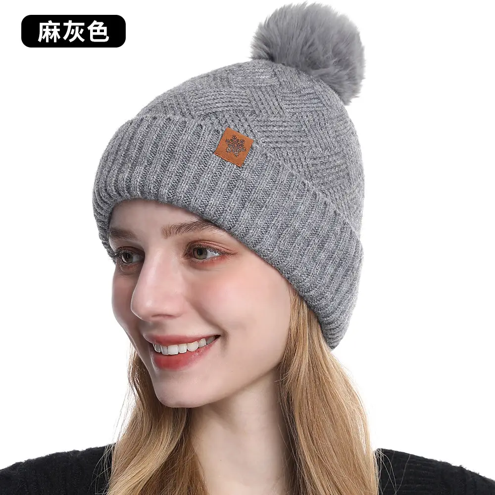 Women Winter 3-Piece Fleece Set Herringbone Pom Pom Gloves