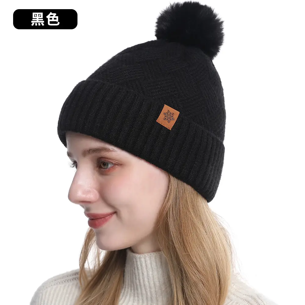 Women Winter 3-Piece Fleece Set Herringbone Pom Pom Gloves