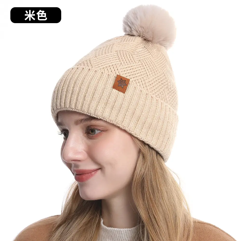 Women Winter 3-Piece Fleece Set Herringbone Pom Pom Gloves