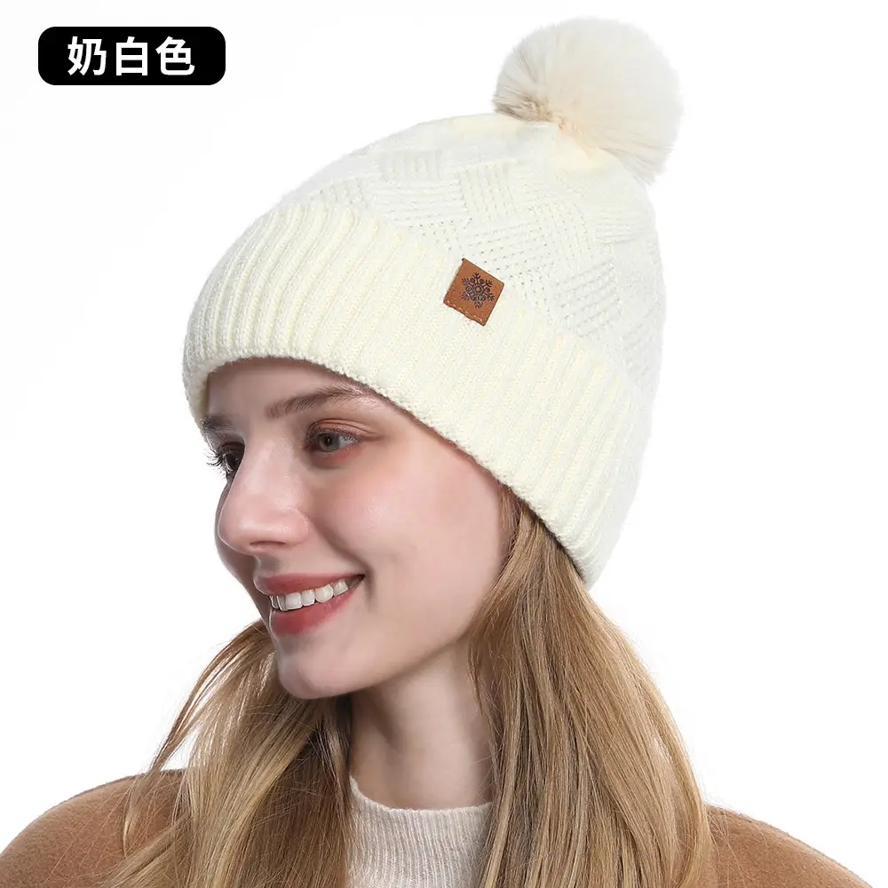 Women Winter 3-Piece Fleece Set Herringbone Pom Pom Gloves