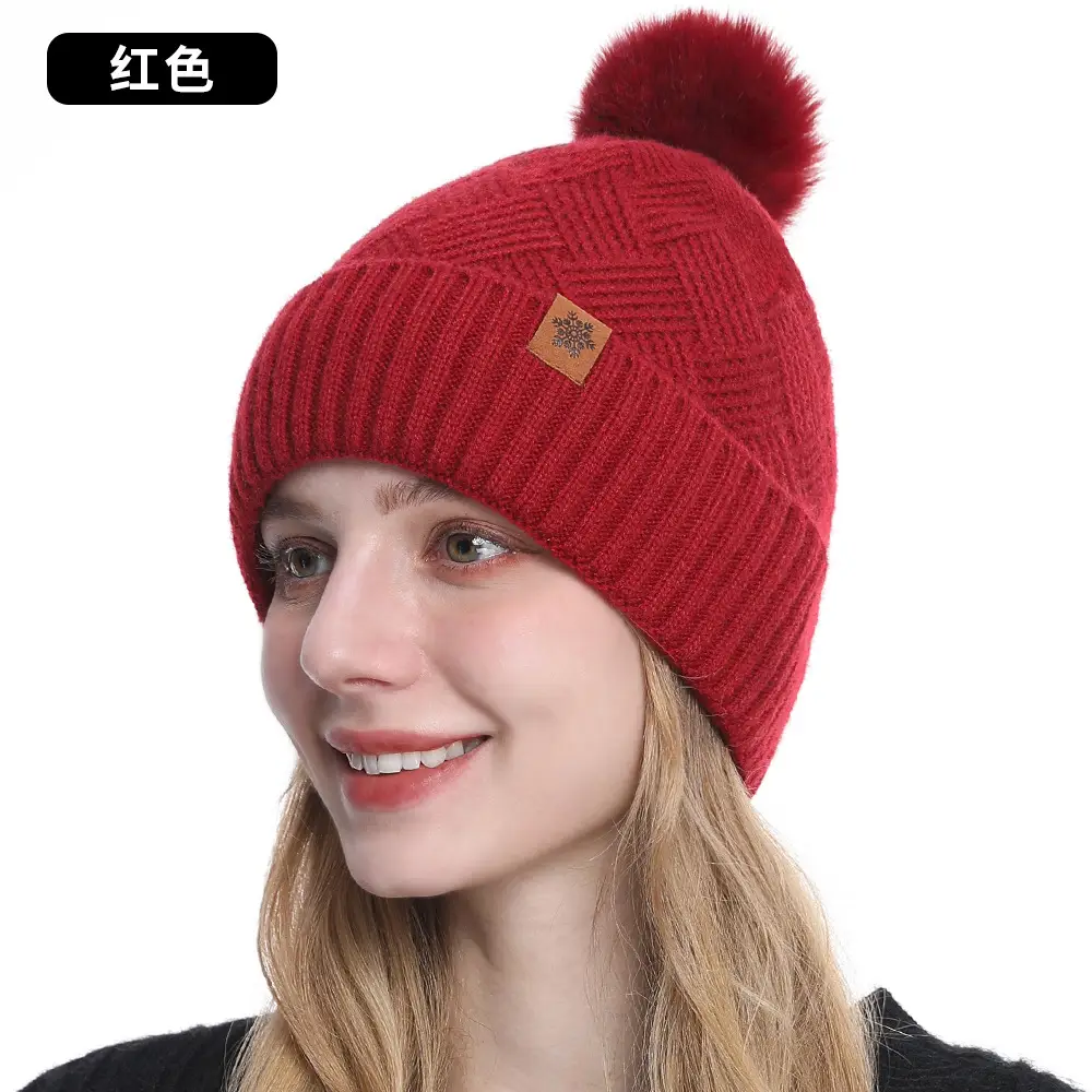 Women Winter 3-Piece Fleece Set Herringbone Pom Pom Gloves