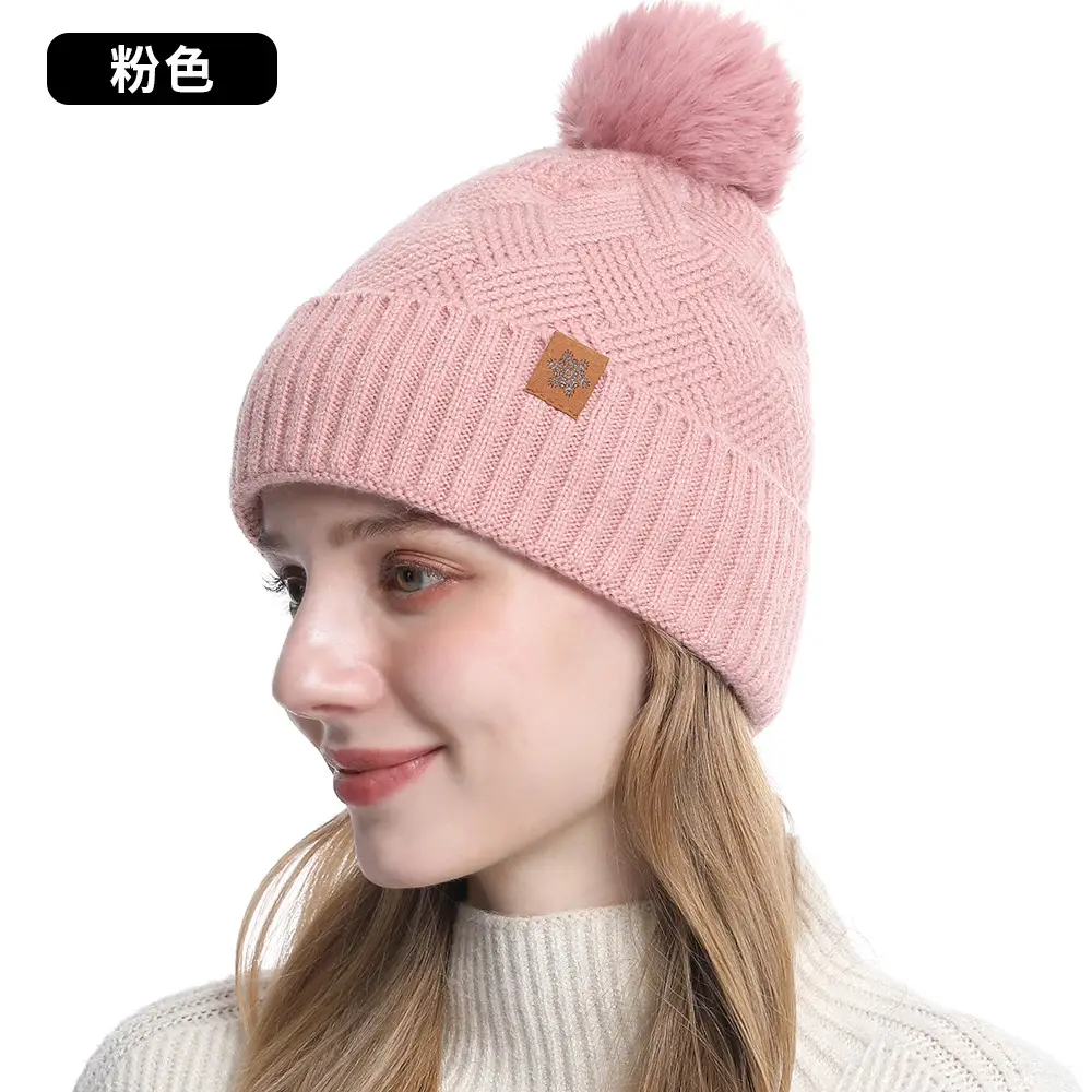 Women Winter 3-Piece Fleece Set Herringbone Pom Pom Gloves
