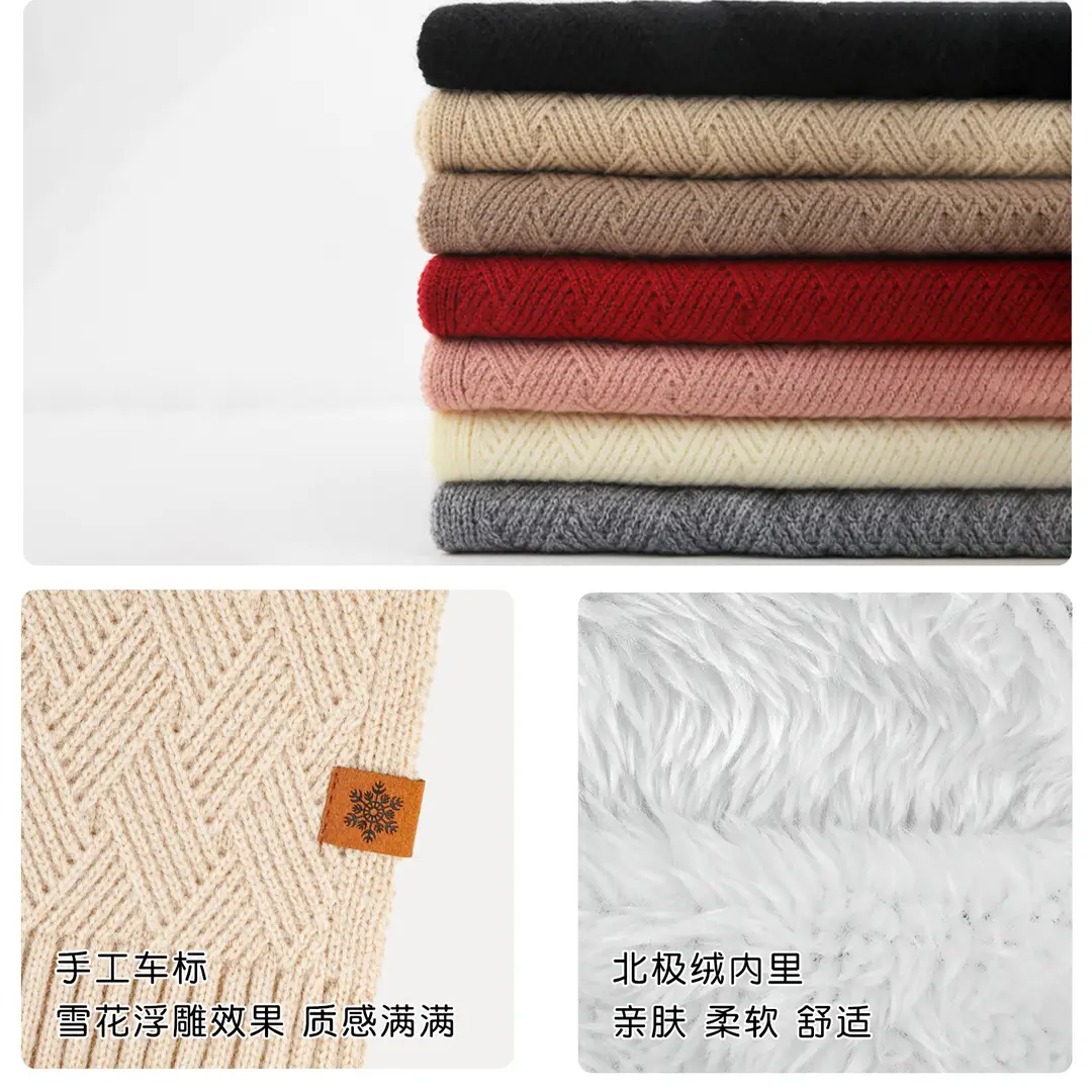 Women Winter 3-Piece Fleece Set Herringbone Pom Pom Gloves