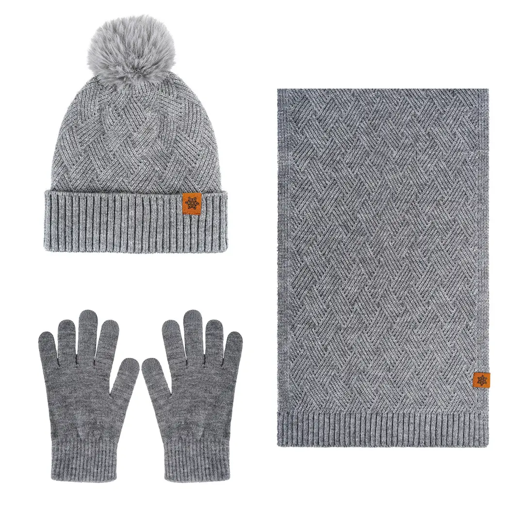 Women Winter 3-Piece Fleece Set Herringbone Pom Pom Gloves