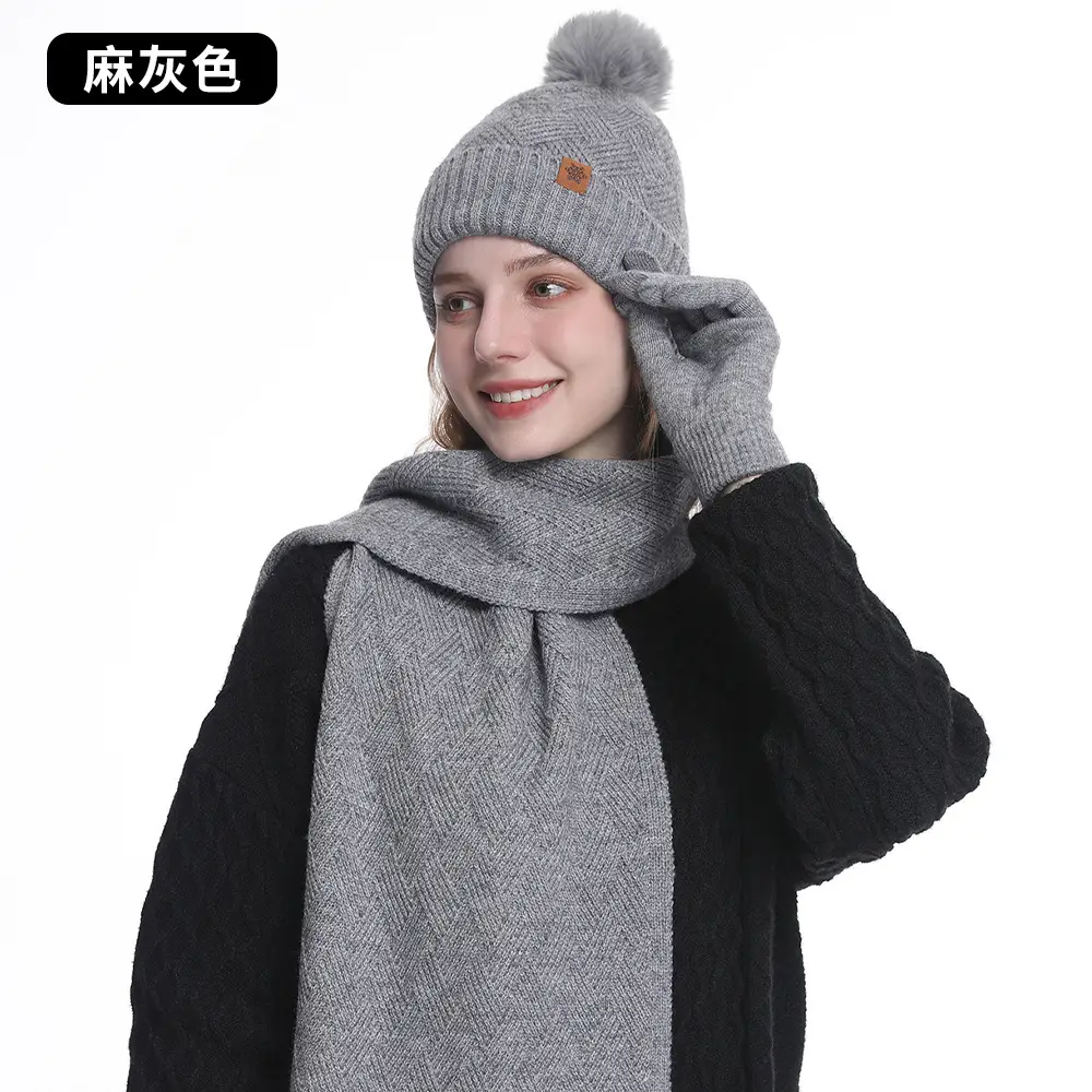 Women Winter 3-Piece Fleece Set Herringbone Pom Pom Gloves