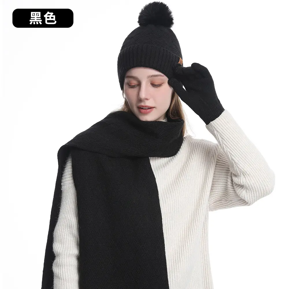 Women Winter 3-Piece Fleece Set Herringbone Pom Pom Gloves