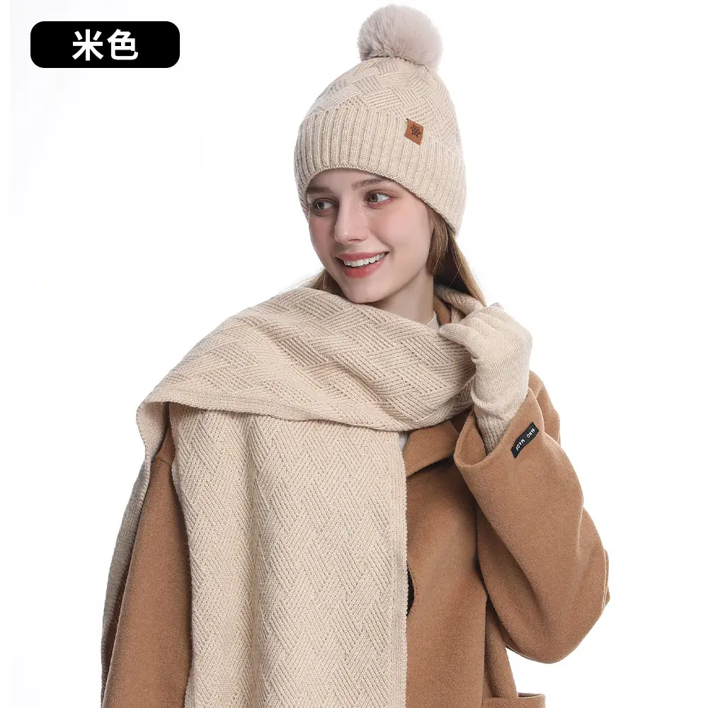 Women Winter 3-Piece Fleece Set Herringbone Pom Pom Gloves