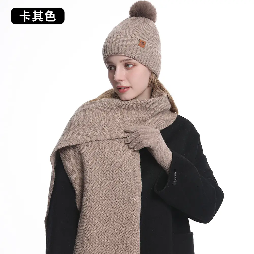 Women Winter 3-Piece Fleece Set Herringbone Pom Pom Gloves