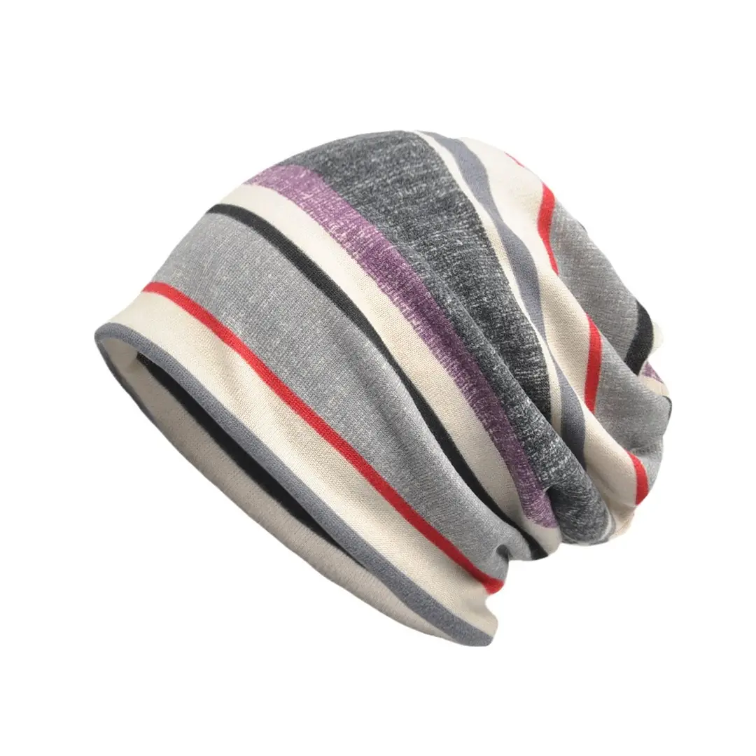 Dual Purpose Scarf Hat Grey Purple Red Striped